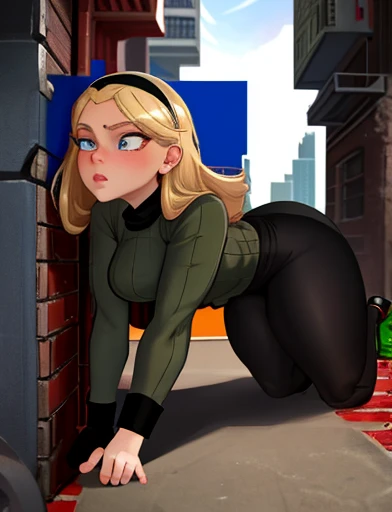 (masterpiece,best quality,absurdres,beautiful,aesthetic,detailed),cinematic angle, (Detailed face:1.2), (Detailed eyes:1.2), 1girl, solo (Gwen Stacy:1.1), curvy, bottom heavy,platinum blonde hair, bright blue eyes, ((Wearing: Black headband, olive green sweater, black leggings, black heels)), she is outside on New York streets, crowds of people on the surroundings, busy atmosphere, cinematic lighting, detailed background, she tries to squeeze and crawl through a hole in the wall but she is tightly stuck in the hole by her hips, but its no good, she's too wide, she gained a little too much weight lately, she sighs waiting for spider man to save her
