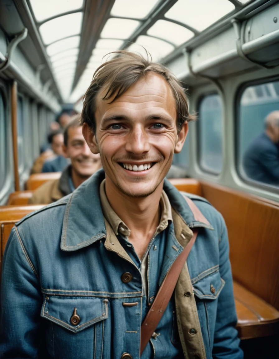 portrait d'un homme sks, en voyage, Veste en jean skinny, de Henri Cartier-Bresson, composition de personnages épique, Éclairage naturel, yeux parfaits, photo couleur (Sourire parfait:0.7)