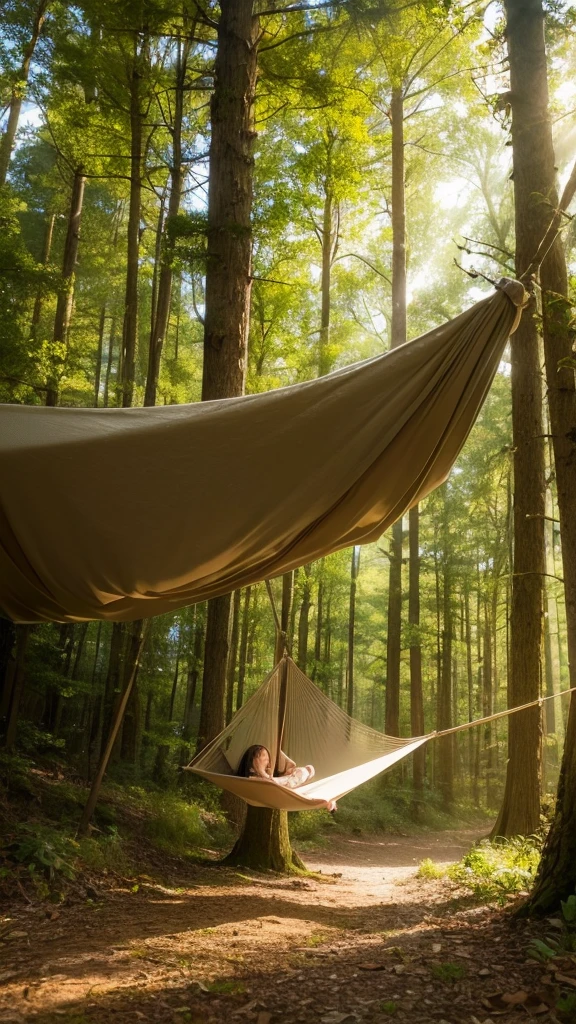 a girl sleeping in a hammock in a forest, night gown, female adventurer who loves traveling, mountains, trees, tent, picnic, (best quality,4k,8k,highres,masterpiece:1.2),ultra-detailed,(realistic,photorealistic,photo-realistic:1.37),detailed forest scenery, beautiful detailed eyes,beautiful detailed lips,extremely detailed eyes and face,longeyelashes,sunlight filtering through trees,warm color tones,dramatic lighting