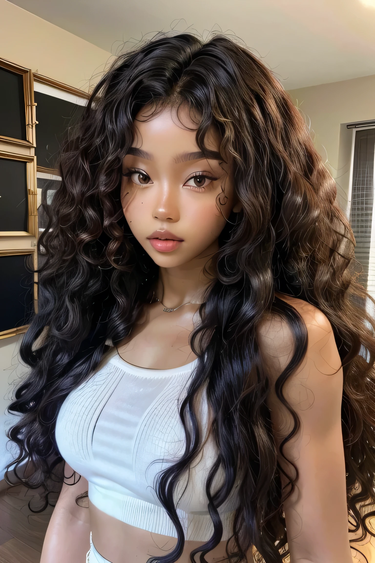 masterpiece, best quality, beautiful African and Asian mixed 19 year old, ebony skin female, long, frizzy, curly dark hair, perfect face, long hair, melanin, curly hair,