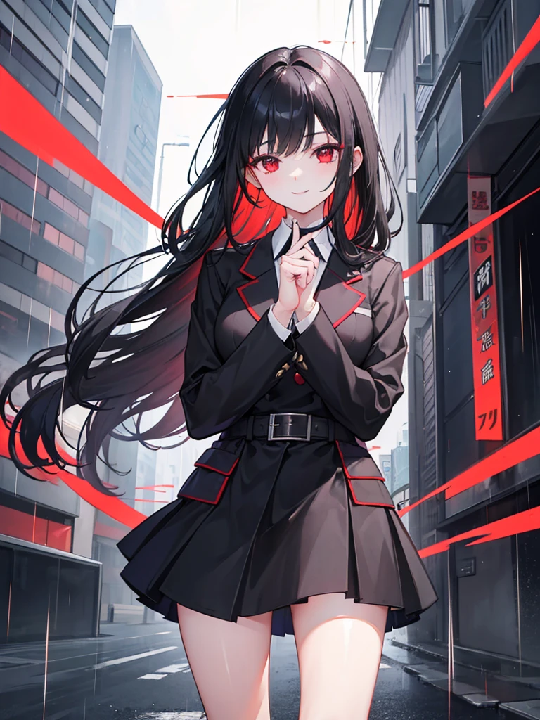 girl, red eyes, long curry wauy black hair. wear black jacket uniform, short skirt, arrogant, independent woman, kind smile. background in town. rain