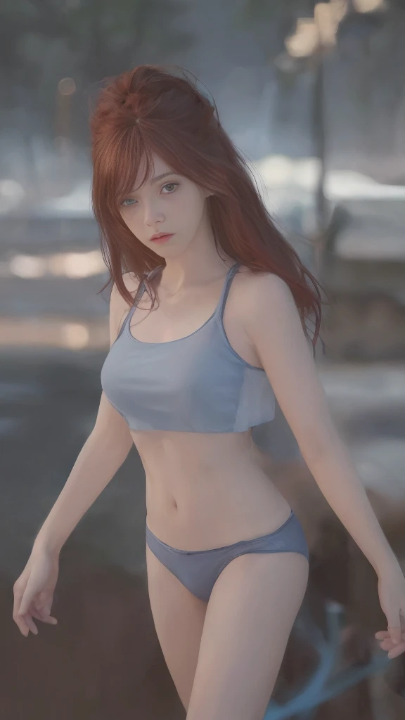 ((Realistic lighting, Best quality, 8K, Masterpiece: 1.3)), Clear focus: 1.2, 1 girl, Perfect Figure: 1.4, Slim Abs: 1.1, See through, tight clothing, ((Red-Haired)), (panties: 1.4), (Blue crop top: 1.4), (Outdoor, Night: 1.1), City streets, Super fine face, Fine eyes, Double eyelids,