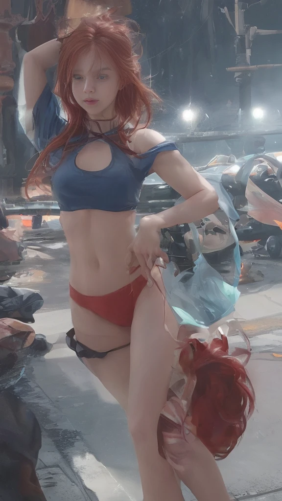 ((Realistic lighting, Best quality, 8K, Masterpiece: 1.3)), Clear focus: 1.2, 1 girl, Perfect Figure: 1.4, Slim Abs: 1.1, See through, tight clothing, ((Red-Haired)), (panties: 1.4), (Blue crop top: 1.4), (Outdoor, Night: 1.1), City streets, Super fine face, Fine eyes, Double eyelids,