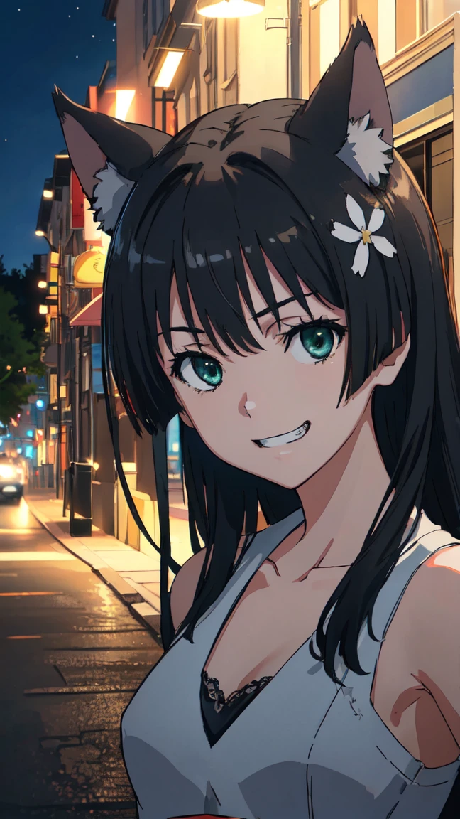  (High resolution:1.4), (masutepiece:1.2), (High quality:1.3) 1girl, saten ruiko, green eyes, long hair, black hair, small breast, dangerousbeast, wolf tail,  cinematic lighting,  pov, grin