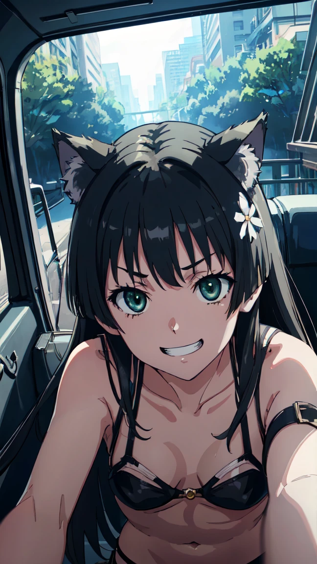  (High resolution:1.4), (masutepiece:1.2), (High quality:1.3) 1girl, saten ruiko, green eyes, long hair, black hair, small breast, dangerousbeast, wolf tail,  cinematic lighting,  pov, grin