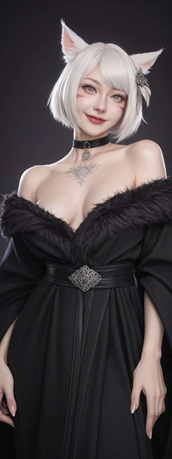 score_9, score_8_up, score_7_up, BREAK,
relaxed pose,realistic,y'shtola rhu,final fantasy xiv,snatched waist, feather hair ornament,fur trim,choker,feathers,jewelry,neck tattoo,black robe,randomboobguy,from below,light smile, 1girl,(y'shtola rhul:1.2),looking at viewer,white hair,cat ears,short hair,miqo'te,grey eyes,cat tail,realistic,high quality,