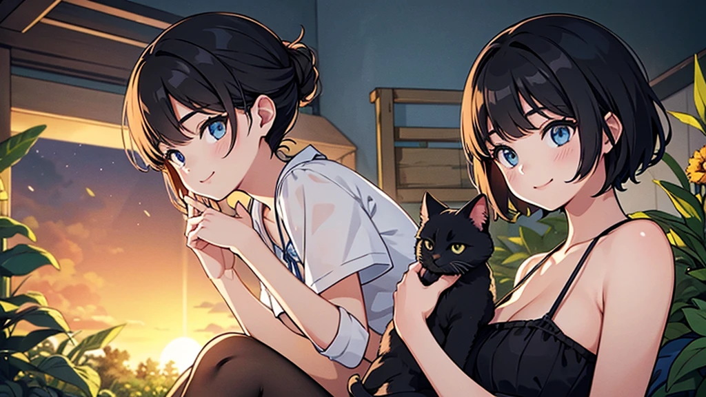 1girl, solo, blue eyes, (detailed eyes), flat chest, short hair, black hair, upper body, gentle smile on her face, sitting up straight((masterpiece, illustration, best quality)) mono tone of black and orange illustration of a happy lady sitting side by side with her beloved cat enjoying the beautiful scene of sunset in the home garden, back facing camera, contrast lighting, 60% human and cat 40% background, positive vibes,