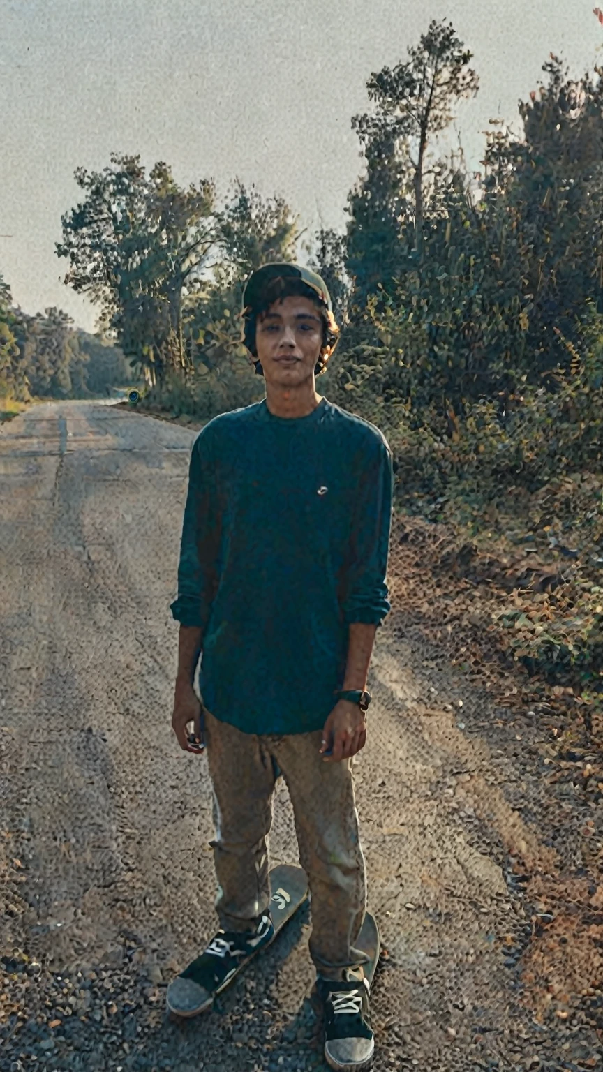 arafed boy standing on the side of a road with a skateboard, standing in road, in front of a forest background, around 1 9 years old, very very low quality picture, profile picture, profile pic, taken at golden hour, edited in photoshop, full body photogenic shot, candid picture, photo taken in 2 0 2 0