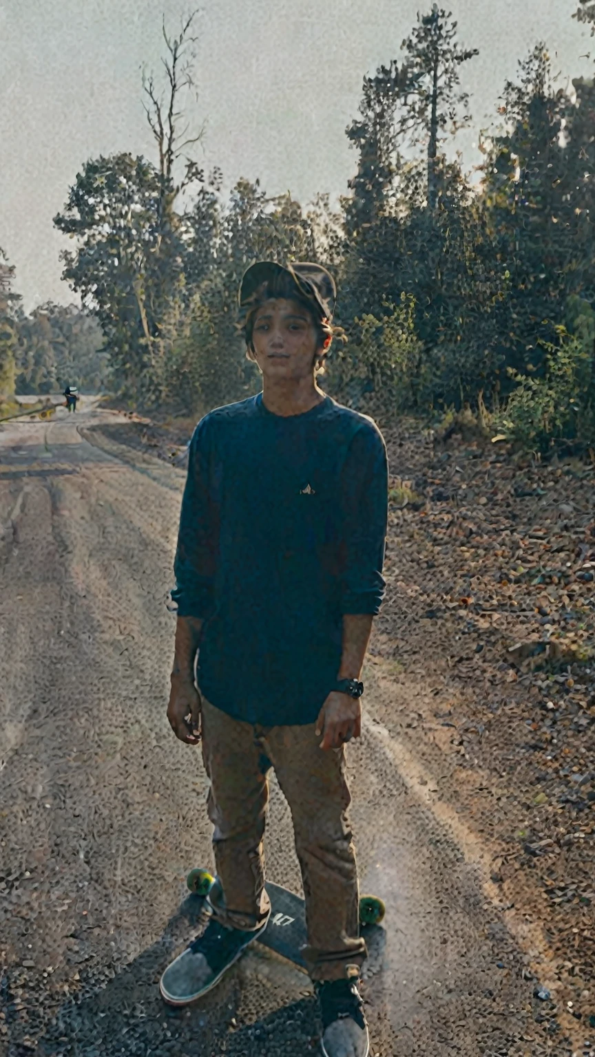 arafed boy standing on the side of a road with a skateboard, standing in road, in front of a forest background, around 1 9 years old, very very low quality picture, profile picture, profile pic, taken at golden hour, edited in photoshop, full body photogenic shot, candid picture, photo taken in 2 0 2 0