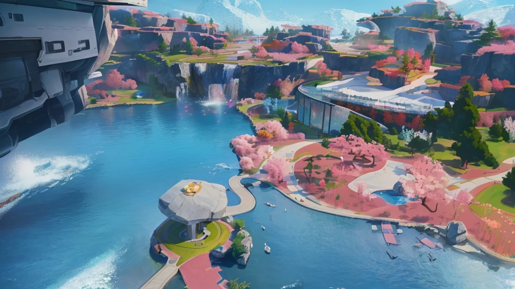A modern park，There are huge rocks around，Pink fantasy grass，There is a clear lake in the center，Surrounded by fantasy-style trees and plants。Realistic style，Real light，Authentic materials