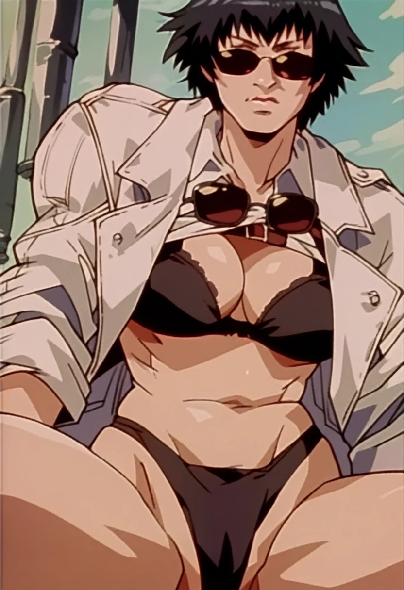 rating_explicit, lady from devil may cry, white jacket, black bra, sunglasses, black panties, milf