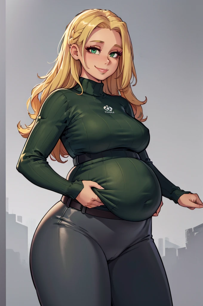 art by kipteitei, ((Masterpiece, best quality, perfect lighting, amazing shading)), perfect anatomy, field of depth, extremely beautiful, long blonde hair, hair ribbons, green eyes, green ribbed sweater, black leggings, cute smile, (chubby), high waisted belt, (cowboy shot), (elegant pose), simple background