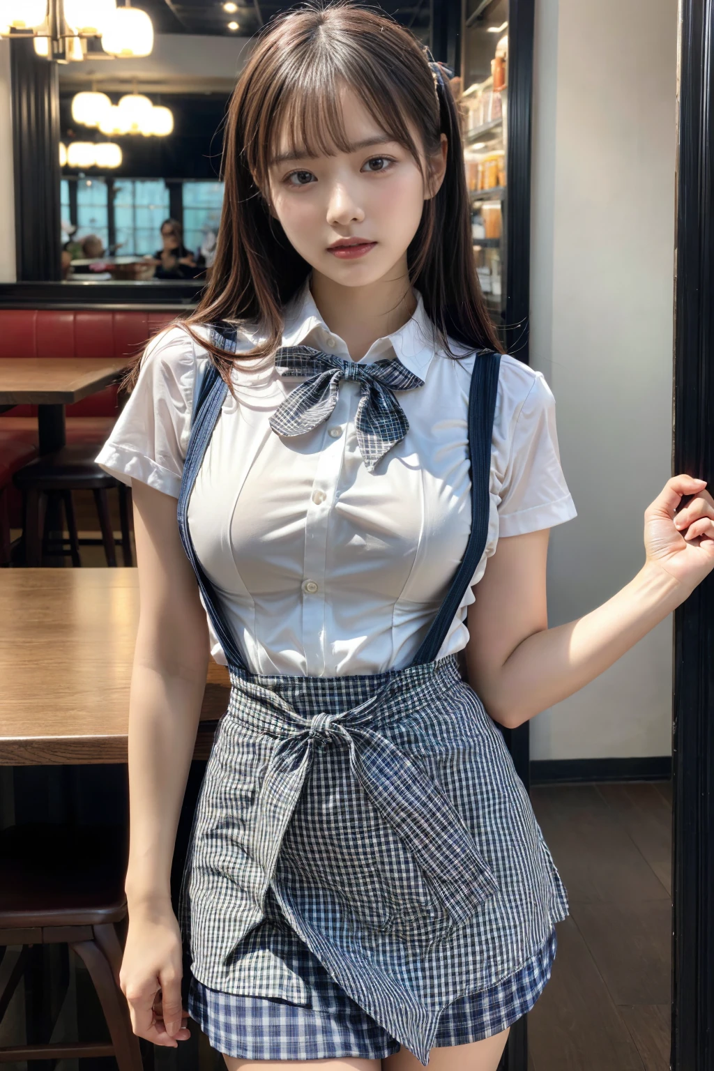 (8K, RAW Photos, Highest quality, masterpiece:1.3), (professional photography, full colors, studio-caliber color grading), (Gravure quality for high-end fashion magazines), BREAK, 1girl, (boyish:1.15), (mannish:1.1), (double-breasted,underbust:1.2), Big Natural Color Lip, (Plumpy body:1.2), (smooth skin:1.1), (breasts:1.2), BREAK, (gingham-check suspender-apron:1.2), (solid-blue high-waist skirt:1.2), (apron over skirt:1.1), (white blouse:1.2), short sleeves, button gap, (solid-blue bow-tie:1.1), BREAK, dynamic pose, cafe, Restaurant,