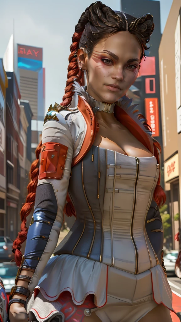 masutepiece, Loba Apex Legends, Best Quality, 1girl in,  Upper body, (look at viewr:1.4), TOKYOcity、Street、A smile、loba cassic suits, 