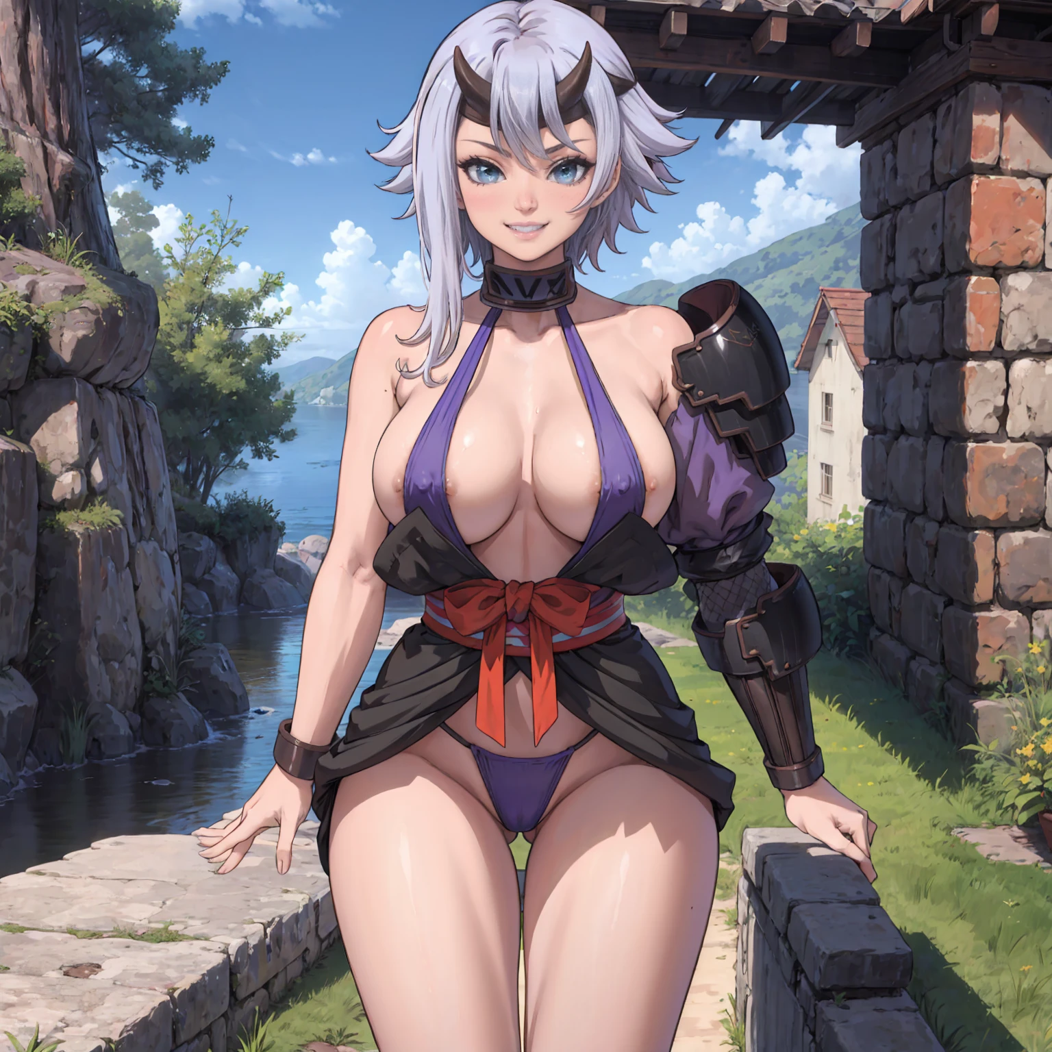 score_9, score_8_up, score_7_up, score_6_up, source_anime, BREAK 1girl, solo, shizuka, white hair, blue eyes, purple bikini, ninja,single shoulder pad,obi, Demon Horn, eyeshadow, smile face, legs focus, thick legs, front, looking at you, grin, standing, florest, lake