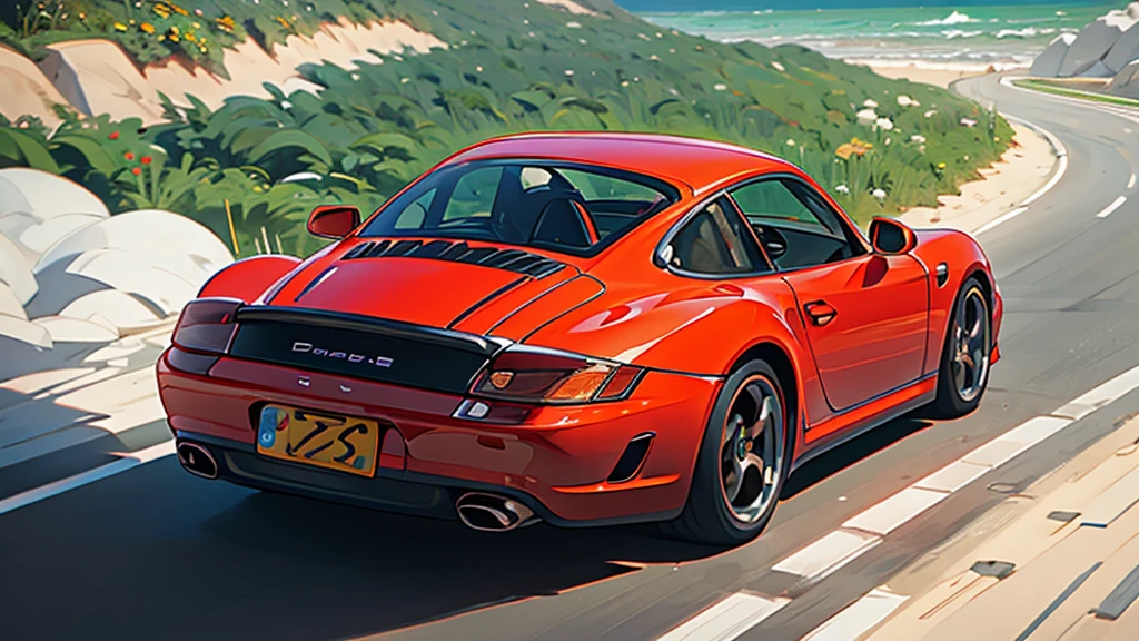A young woman driving a Porsche red sports car down a road by the beach.
