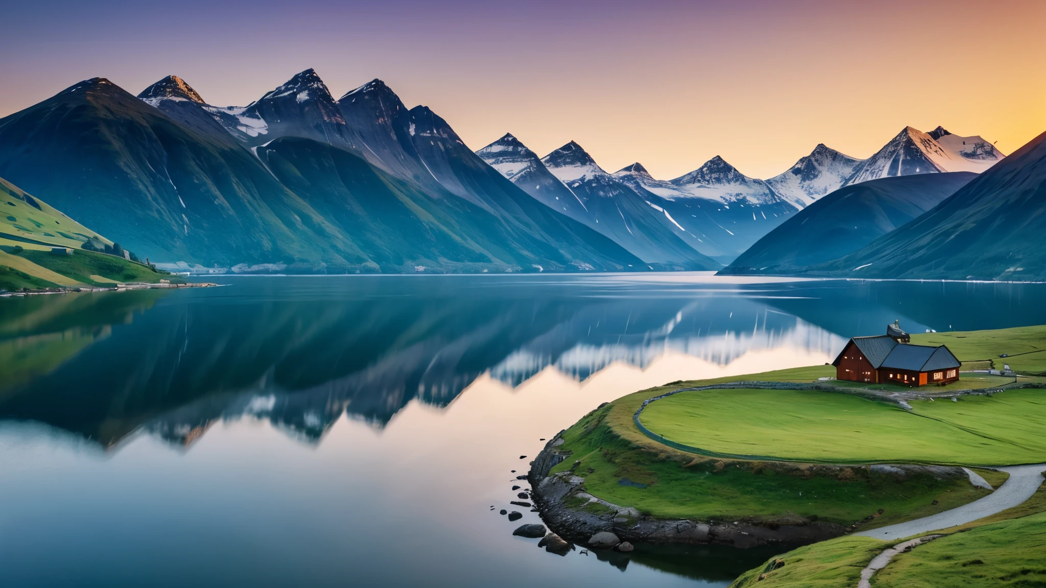 A serene Viking landscape with rolling green hills, a calm fjord, and a majestic mountain in the background. The sky is painted with the soft colors of dawn, reflecting on the still waters of the fjord.
