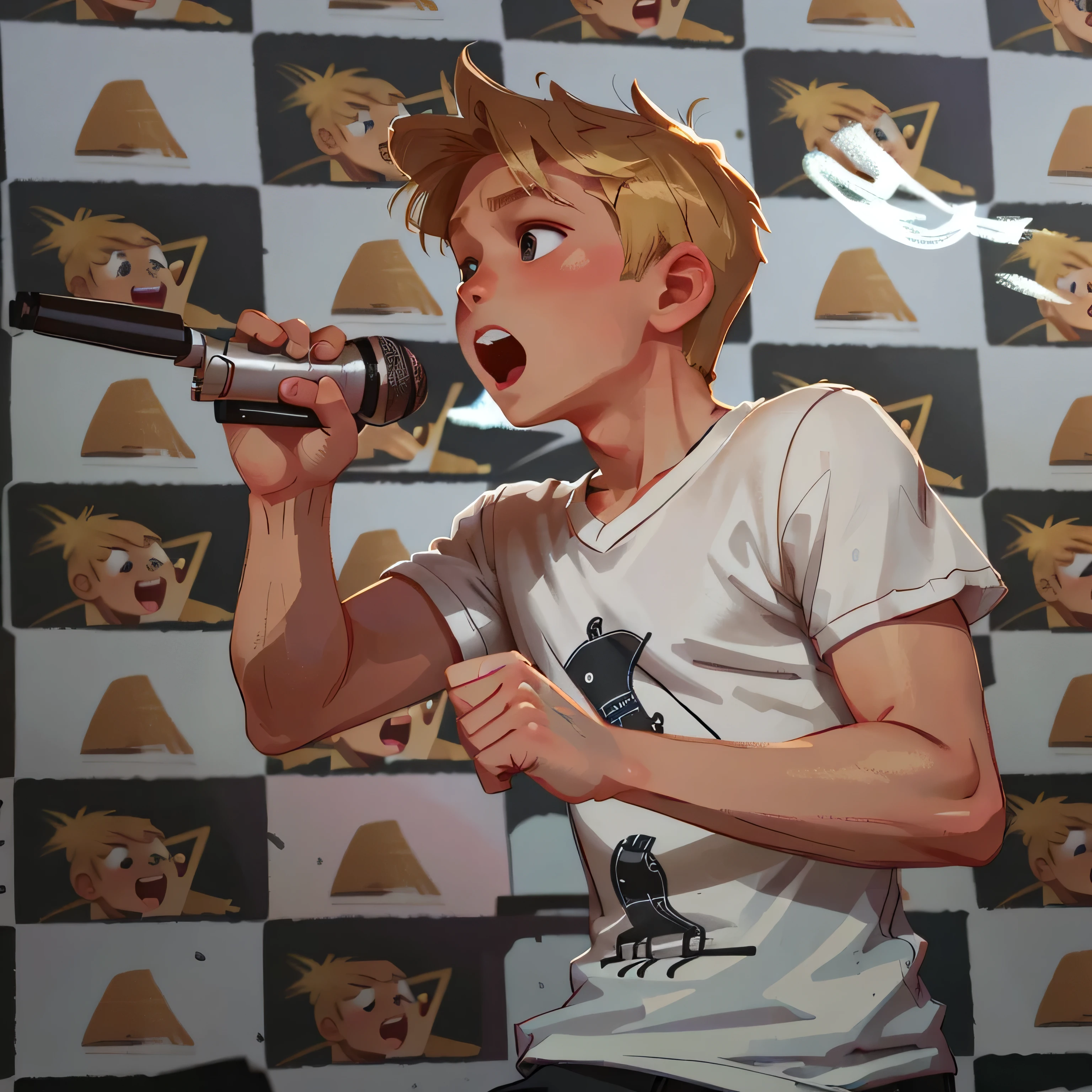 BOY SINGING WITH MICROPHONE IN HAND, blond, USING BLACK BONER, white shirt.