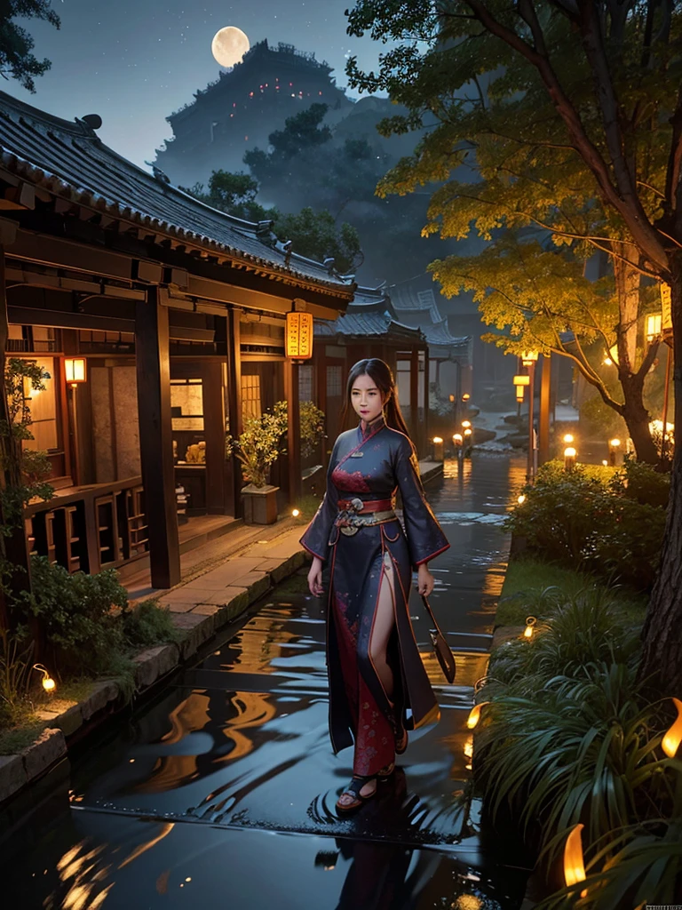 Official Art, Ancient China, Ancient Streets, (Lots of Fireflies), (Night), (Moon), Lights, Beautiful Landscapes, Epic Landscapes, Realistic Lights, Masterpiece, High Quality, Beautiful Graphics, High Detail , Global Illumination, Unreal Engine Rendering, Octane Rendering, (HDR: 1.3)