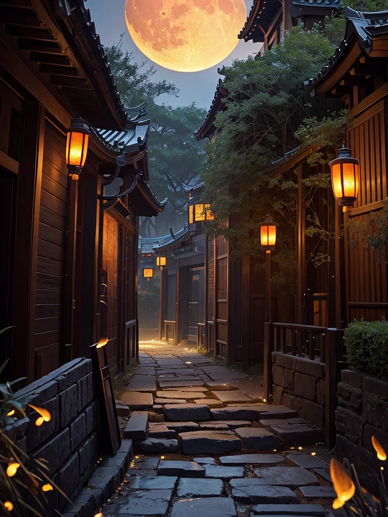 Official Art, Ancient China, Ancient Streets, (Lots of Fireflies), (Night), (Moon), Lights, Beautiful Landscapes, Epic Landscapes, Realistic Lights, Masterpiece, High Quality, Beautiful Graphics, High Detail , Global Illumination, Unreal Engine Rendering, Octane Rendering, (HDR: 1.3)