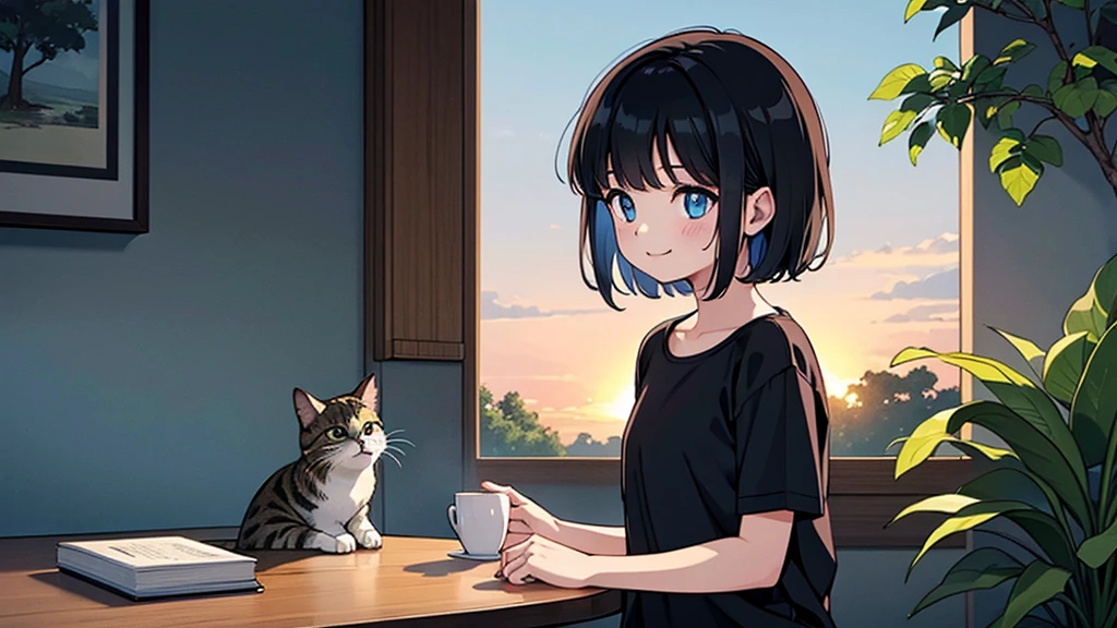 1 girl, solo, blue eyes, (detailed eyes), flat chest, short hair, black hair, upper body, gentle smile on her face, sitting up straight((masterpiece, illustration, best quality)) mono tone of black and orange illustration of a happy lady sitting side by side with her beloved cat enjoying the beautiful scene of sunset in the home garden, back facing camera, contrast lighting, 60% human and cat 40% background, positive vibes,