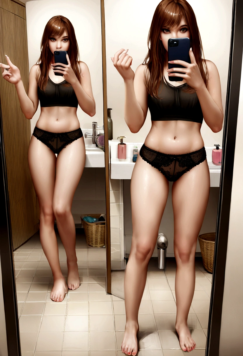 1girl, solo, phone, selfie, long_hair, cellphone, mirror, underwear, reflection, panties, barefoot, smartphone, bathroom, brown_hair, black_panties, holding_phone, realistic