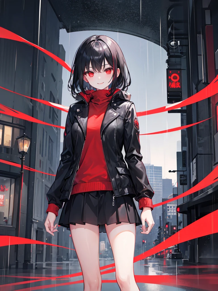 girl, red eyes, long curry wauy black hair. wear black jacket, short skirt, arrogant, independent woman, kind smile. background in town. rain