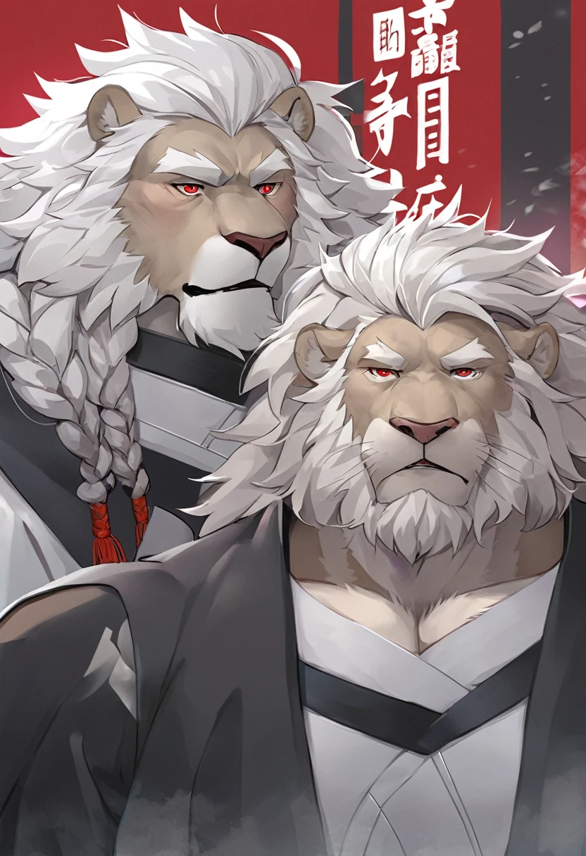 White lion,personification,Mature male,Strong Man,White hair,Cold expression,Red pupil,Gray eyebrows,Braids,Black Hanfu,Vision。
