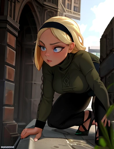 (masterpiece,best quality,absurdres,beautiful,aesthetic,detailed),cinematic angle, (Detailed face:1.2), (Detailed eyes:1.2), 1girl, solo (Gwen Stacy:1.1), curvy, bottom heavy,platinum blonde hair, bright blue eyes, ((Wearing: Black headband, olive green sweater, black leggings, black heels)), she is outside on New York streets, crowds of people on the surroundings, busy atmosphere, cinematic lighting, detailed background, she tries to squeeze and crawl through a hole in the wall but she is tightly stuck in the hole by her hips,  she sighs waiting for spider man to save her
