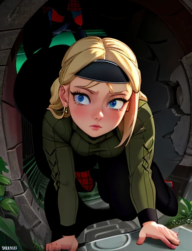 (masterpiece,best quality,absurdres,beautiful,aesthetic,detailed),cinematic angle, (Detailed face:1.2), (Detailed eyes:1.2), 1girl, solo (Gwen Stacy:1.1), curvy, bottom heavy,platinum blonde hair, bright blue eyes, ((Wearing: Black headband, olive green sweater, black leggings, black heels)), she is outside on New York streets, crowds of people on the surroundings, busy atmosphere, cinematic lighting, detailed background, she tries to squeeze and crawl through a hole in the wall but she is tightly stuck in the hole by her hips,  she sighs waiting for spider man to save her
