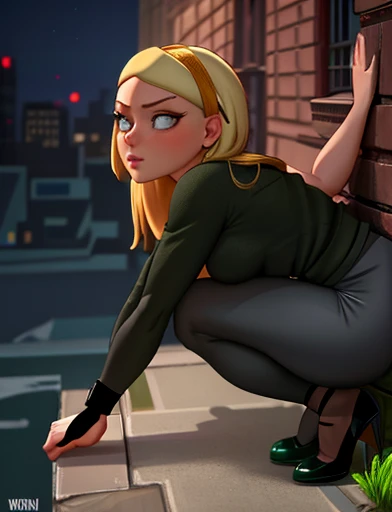 (masterpiece,best quality,absurdres,beautiful,aesthetic,detailed),cinematic angle, (Detailed face:1.2), (Detailed eyes:1.2), 1girl, solo (Gwen Stacy:1.1), curvy, bottom heavy,platinum blonde hair, bright blue eyes, ((Wearing: Black headband, olive green sweater, black leggings, black heels)), she is outside on New York streets, crowds of people on the surroundings, busy atmosphere, cinematic lighting, detailed background, she tries to squeeze and crawl through a hole in the wall but she is tightly stuck in the hole by her hips,  she sighs waiting for spider man to save her
