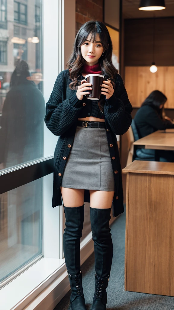 indoor, Portraiture, A 25-year-old woman holding a coffee cup, Black cropped knit cardigan, arm:1, Dark red slim skirt with black check pattern, Black knee-high suede boots, Standing next to the office window