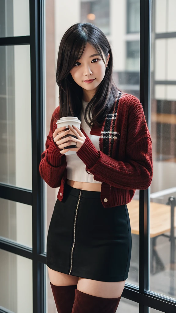 indoor, Portraiture, A 25-year-old woman holding a coffee cup, Black cropped knit cardigan, arm:1, Dark red slim skirt with black check pattern, Black knee-high suede boots, Standing next to the office window