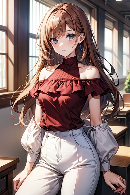 Slender beautiful girl、10th Generation、sleeveless high neck blue blouse、Office、OL、off shoulder、White LINE Design、pants style、red brown heir