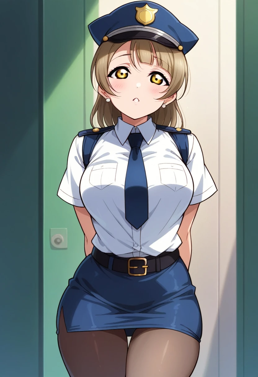 Masterpiece, best quality, Kotori Minami Love Live, curvy body, :D ,white shirt,half sleeves,earrings, pencil skirt, necktie , standing,police cap,in police station,looking at viewer, cowboy shot, thighs, wide hips , arms behind back ,solo  ,belt, pantyhose , skindentation 