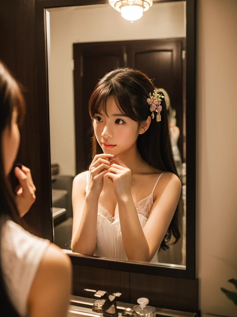An asian girl standing infront of the mirror