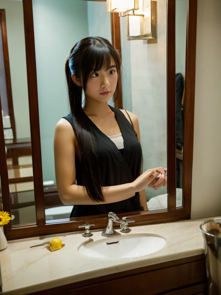 An asian girl standing infront of the mirror