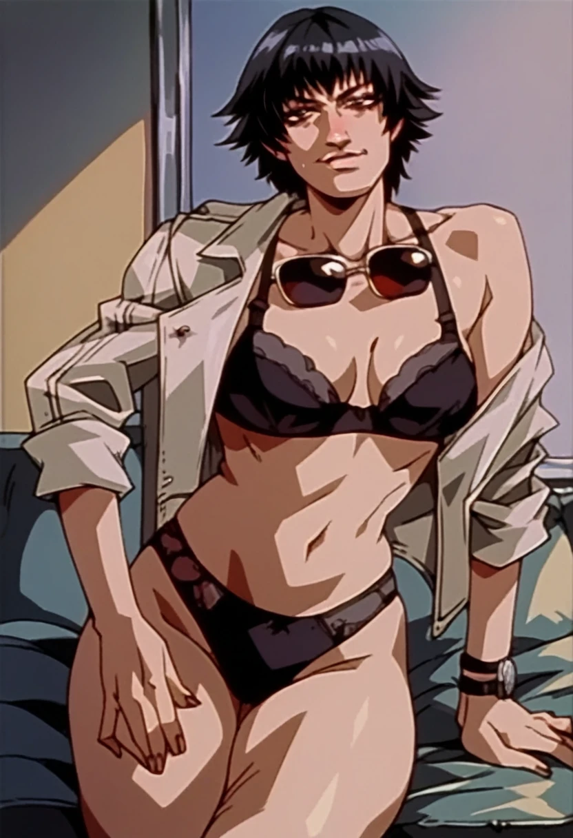 rating_explicit, lady from devil may cry, black bra, sunglasses, black panties, milf