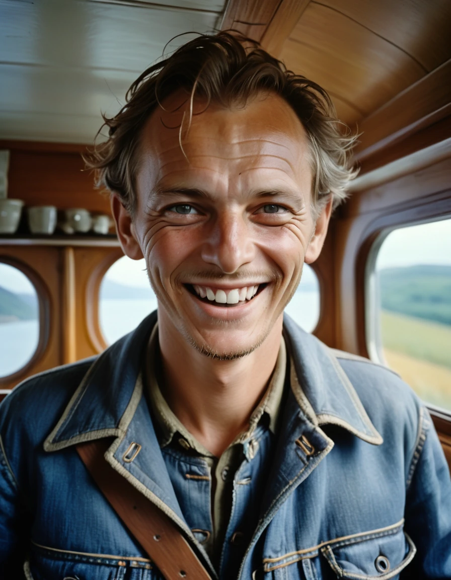 portrait d'un homme sks, en voyage, Veste en jean skinny, de Henri Cartier-Bresson, composition de personnages épique, Éclairage naturel, yeux parfaits, photo couleur, hyper realiste, visage détaillé (Sourire parfait:0.7)