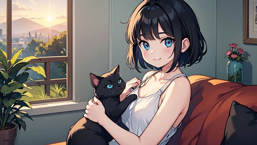 1 girl, solo, blue eyes, (detailed eyes), flat chest, short hair, black hair, upper body, gentle smile on her face, sitting up straight((masterpiece, illustration, best quality)) mono tone of black and orange illustration of a happy lady sitting side by side with her beloved cat enjoying the beautiful scene of sunset in the home garden, back facing camera, contrast lighting, 60% human and cat 40% background, positive vibes,