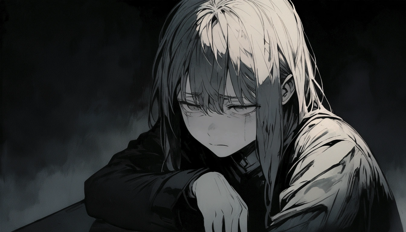 disappointed person sitting,downcast expression,disappointed eyes,thoughtful pose,detailed facial features,dark atmosphere,dull lighting,sadness,muted colors,lack of motivation,upset