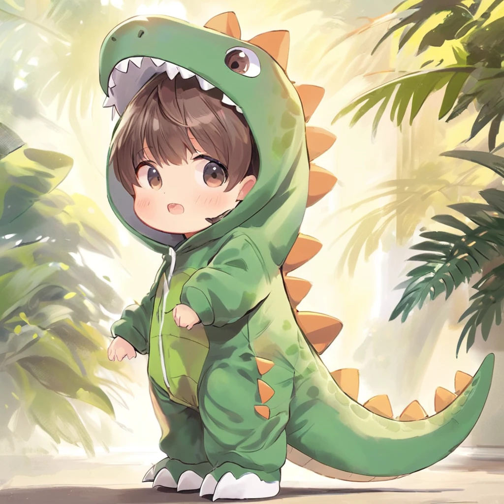 anime,dino,konglong,a 20 year old boy wear dinosaur costume,cute,solo,sunlight,style of yoneyama mai,