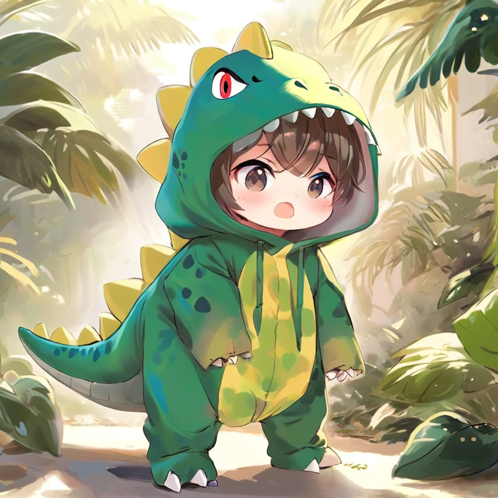 anime,dino,konglong,a 20 year old boy wear dinosaur costume,cute,solo,sunlight,style of yoneyama mai,