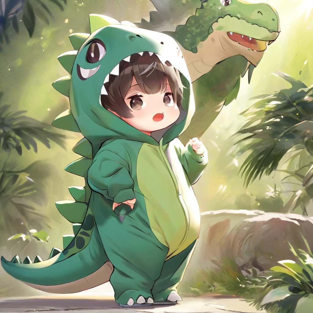 anime,dino,konglong,a 20 year old boy wear dinosaur costume,cute,solo,sunlight,style of yoneyama mai,