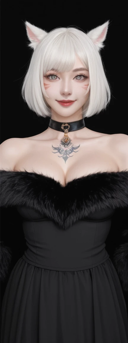 score_9, score_8_up, score_7_up, BREAK,
relaxed pose,realistic,y'shtola rhu,final fantasy xiv,snatched waist, feather hair ornament,fur trim,choker,feathers,jewelry,neck tattoo,black robe,randomboobguy,from below,light smile, 1girl,(y'shtola rhul:1.2),looking at viewer,white hair,cat ears,short hair,miqo'te,grey eyes,cat tail,realistic,high quality,