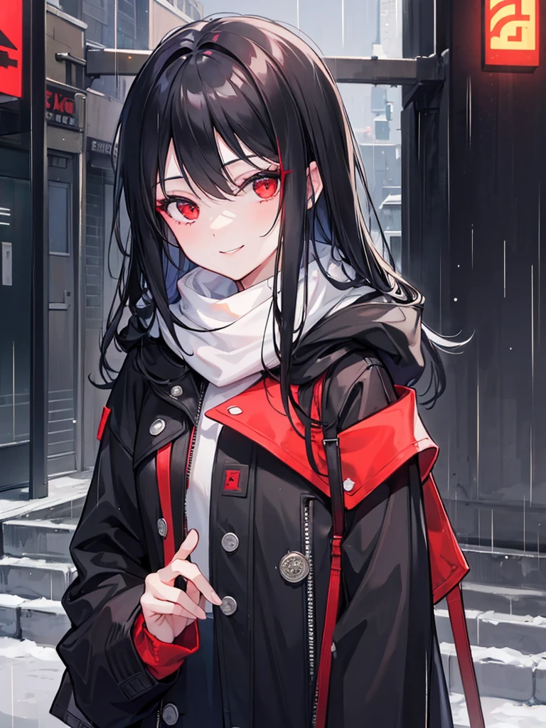 girl, red eyes, long curry wauy black hair. wear black jacket, arrogant, independent woman, kind smile. background in town. winter rain