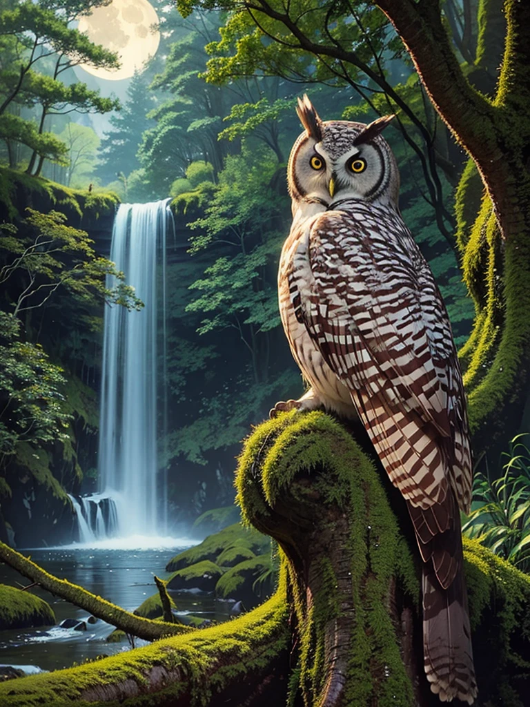 Beautiful forest, detailed owl image, moonlit night, valley waterfall, masterpiece, realistic painting style