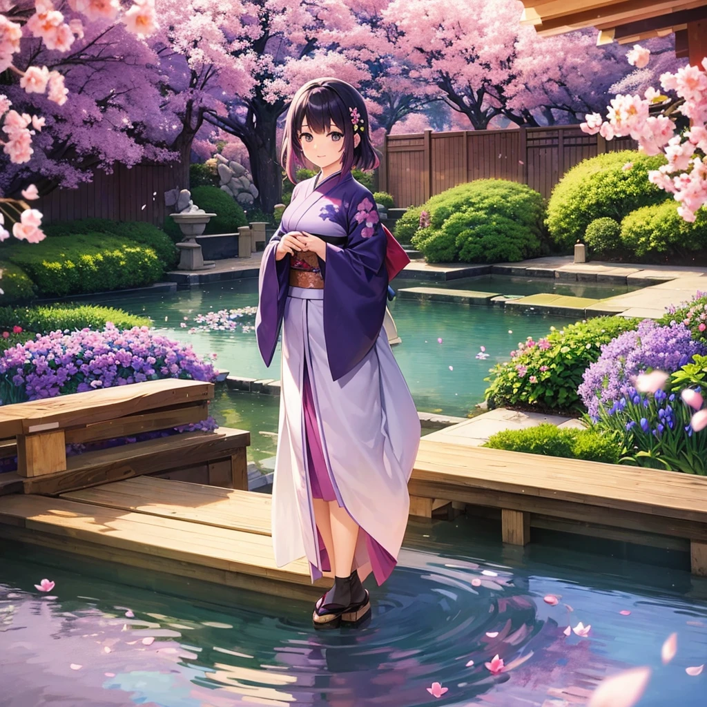 A beautiful Japanese garden with cherry trees and purple flowers around with a small pond and purple tulips with a happy anime couple
