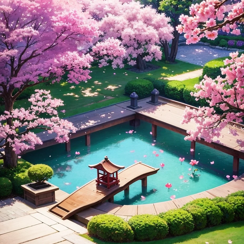 A beautiful Japanese garden with cherry trees and purple flowers around with a small pond and purple tulips with a happy anime couple
