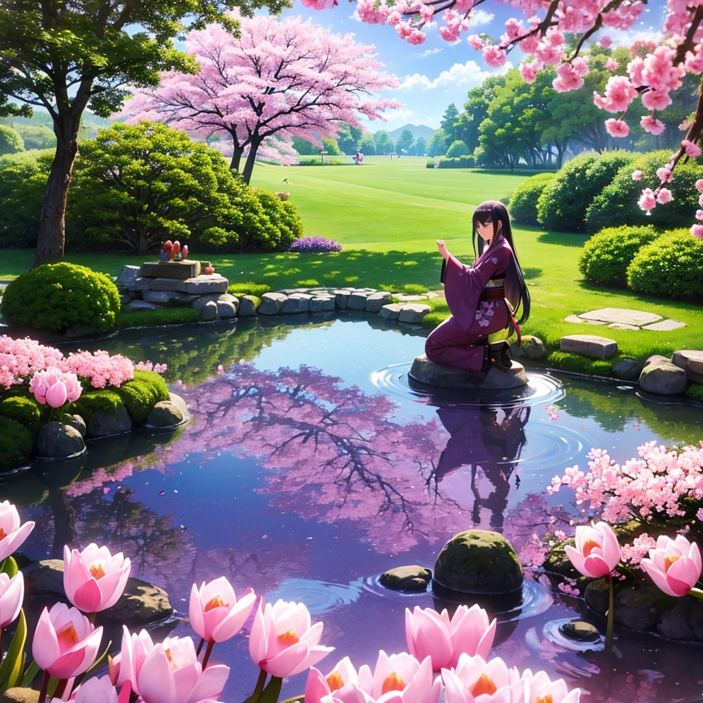 A beautiful Japanese garden with cherry trees and purple flowers around with a small pond and purple tulips with a happy anime couple